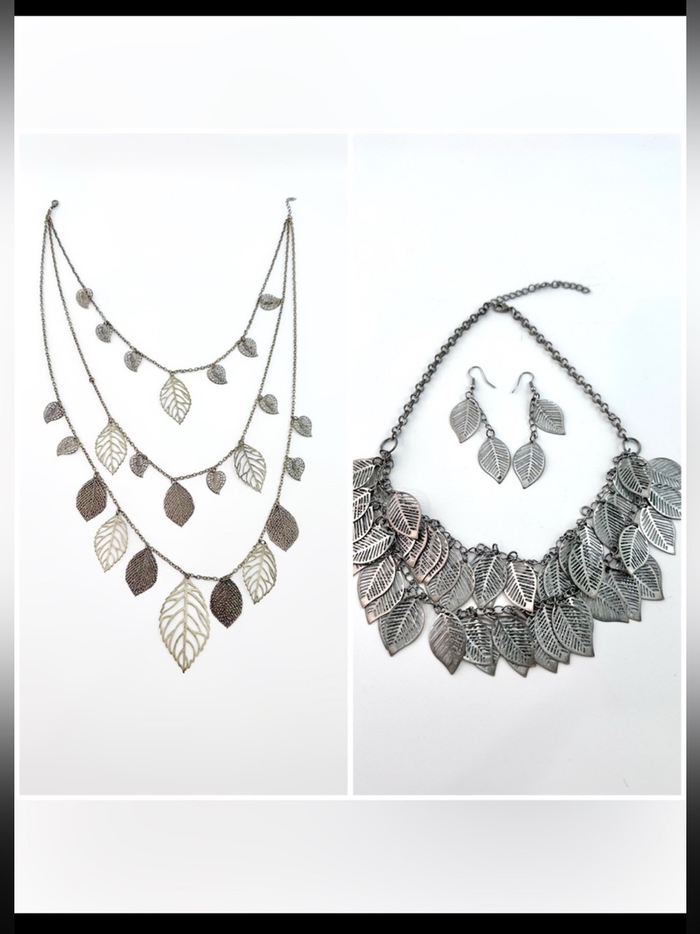 Boho Silver Leaf Statement Necklace Bundle 2 Pc Set
